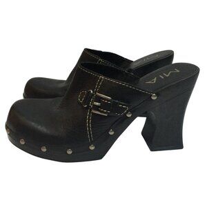 Mia Black Leather Studded Clogs Chunky Heels Size 8 M Womens Shoes Retro Funky